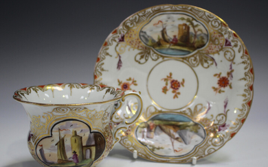 A Meissen porcelain teacup and saucer, late 19th century, outside factory decorated, painted with qu