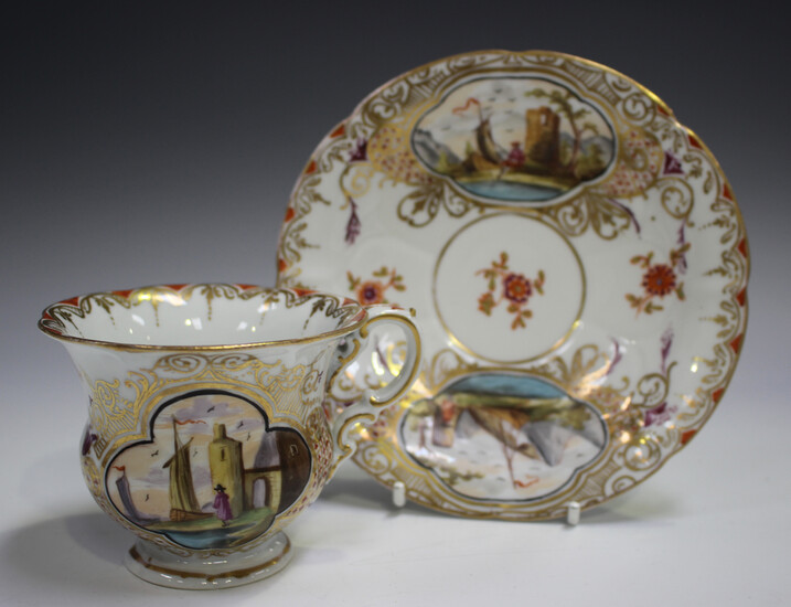 A Meissen porcelain teacup and saucer, late 19th century, outside factory decorated, painted with qu