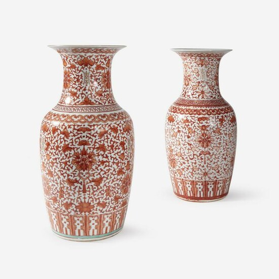 A Near Pair of Chinese Iron-Red and Gilt Baluster Vases