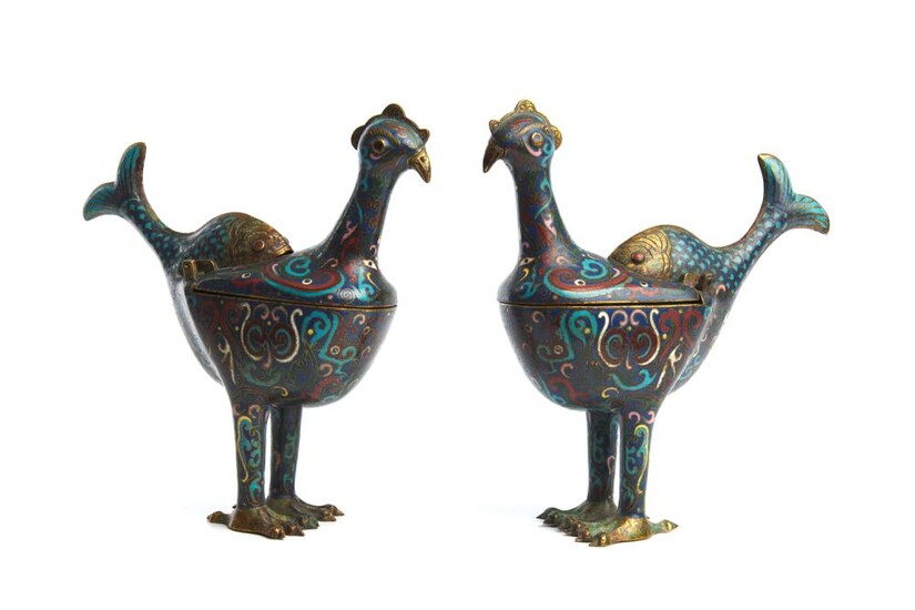 A PAIR OF CHINESE CLOISONNE BIRD FORM CENSERS 1TH/20TH CENTURY