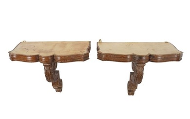 A PAIR OF CONTINENTAL CARVED OAK BRACKET CONSOLE TABLES, MID 20TH CENTURY
