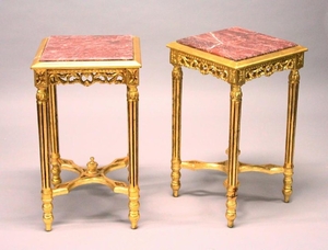 A PAIR OF FRENCH STYLE GILTWOOD SQUARE STANDS, inset