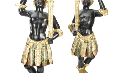 A PAIR OF ITALIAN CARVED WOOD AND POLYCHROME DECORATED BLACKAMOOR TORCHÈRES