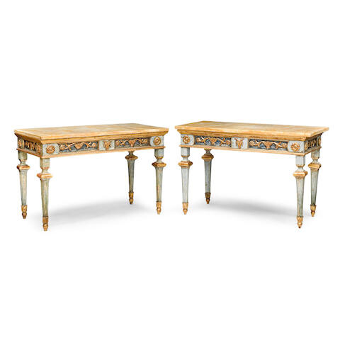 A PAIR OF ITALIAN NEOCLASSICAL STYLE MARBLE TOP PARCEL GILT AND BLUE PAINTED WOOD CONSOLE TABLES