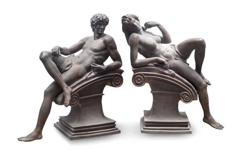 A PAIR OF NEAR LIFE SIZE BRONZE FIGURES OF DAY AND NIGHT AFTER MICHELANGELO