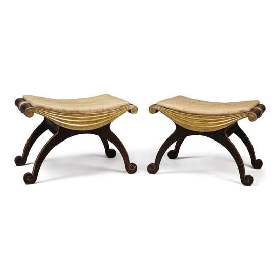 A PAIR OF NEOCLASSICAL STYLE PARCEL-GILT SIMULATED ROSEWOOD X-FORM STOOLS