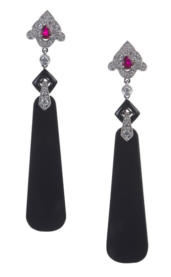 A PAIR OF ONYX, RUBY AND DIAMOND EARRINGS