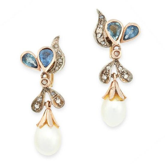 A PAIR OF PEARL, SAPPHIRE AND DIAMOND EARRINGS in