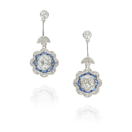 A PAIR OF PLATINUM, DIAMOND AND SAPPHIRE DROP EARRINGS