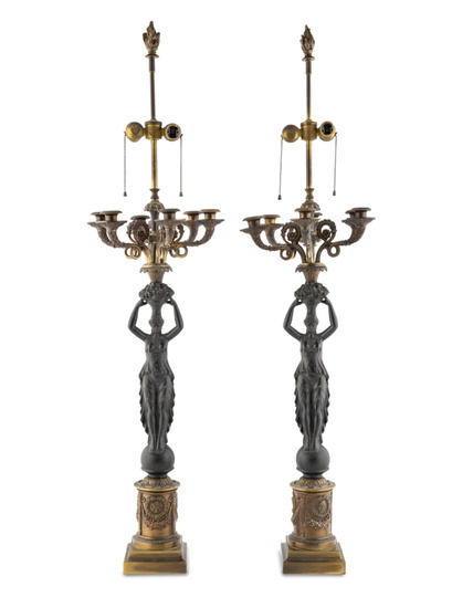 A Pair of Empire Style Parcel Gilt and Patinated Metal Six-Light Candelabra