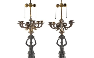A Pair of Empire Style Parcel Gilt and Patinated Metal Six-Light Candelabra