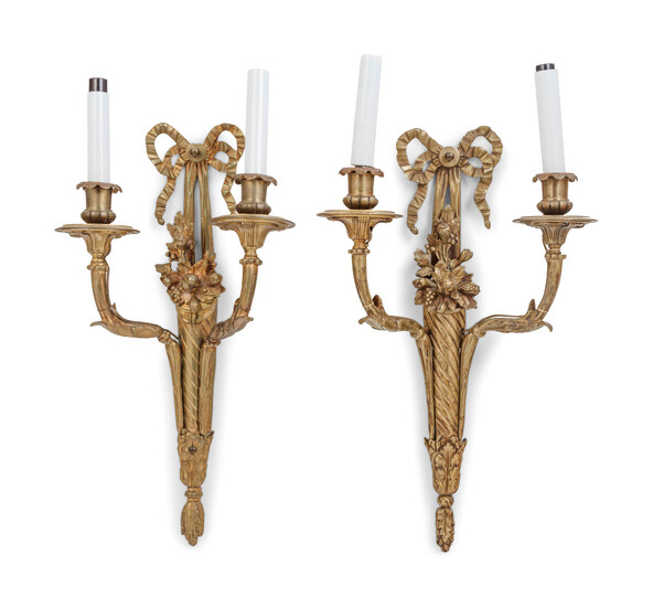 A Pair of Louis XVI Style Gilt Bronze Two-Light Wall Sconces