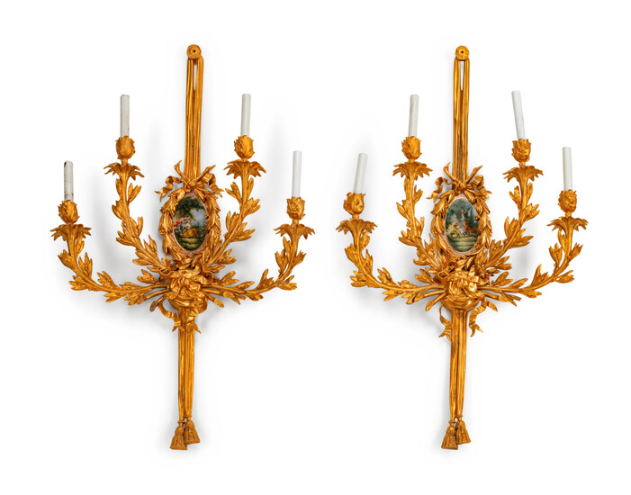A Pair of Louis XVI Style Porcelain-Mounted Gilt-Bronze Four-Light Sconces