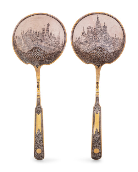 A Pair of Russian Niello Silver-Gilt Serving Spoons