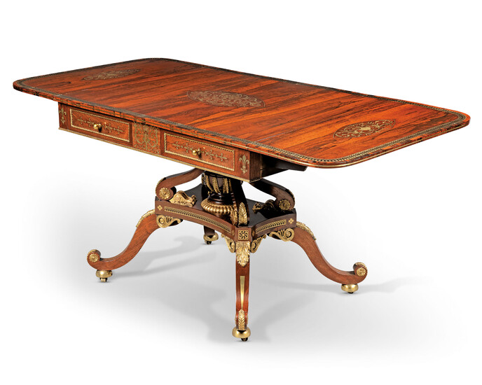 A REGENCY ORMOLU-MOUNTED, BRASS-INLAID, PARCEL-GILT AND CALAMANDER-CROSSBANDED BRAZILIAN ROSEWOOD SOFA TABLE