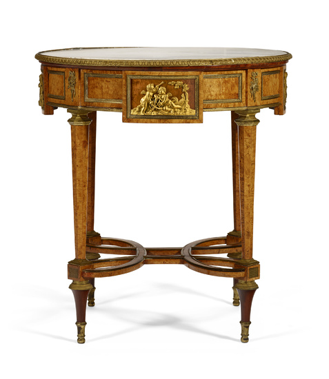 A RESTAURATION ORMOLU-MOUNTED BURR BIRCH AND MAHOGANY GUERIDON IN THE...