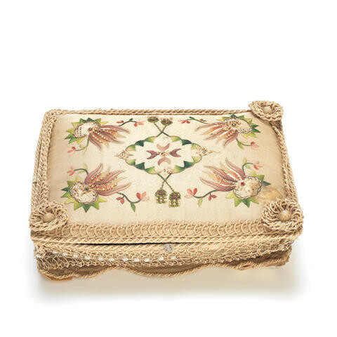 A Sewing Box with two beaded purses or money holders