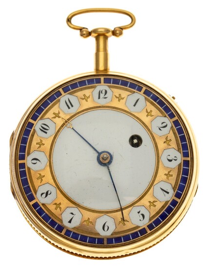 A Superb Gold Open-Faced Pocket Watch by Breguet White enamel dial surrounded with black Arab n...