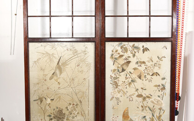 A TWO-FOLD SCREEN SET WITH CHINESE 'HUNDRED BIRDS' EMBROIDERED SILK PANELS