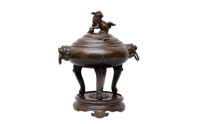 A VIETNAMESE SILVER- AND COPPER-INLAID BRONZE CENSER, COVER AND STAND