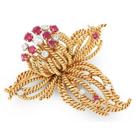 A VINTAGE RUBY AND DIAMOND FLOWER BROOCH, ANDREW GRIMA