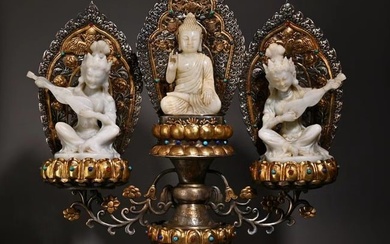 A Very Rare and Fine Gilt Bronze Inlay White Jade figure of Buddha