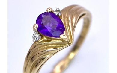 A Vintage 9K Yellow Gold Amethyst and Diamond Ring. Small te...