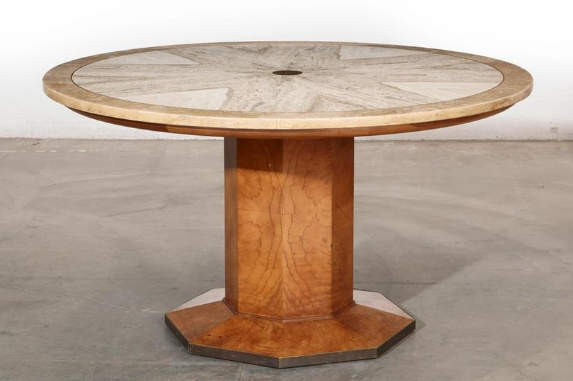 A Widdicomb travertine and burlwood center table