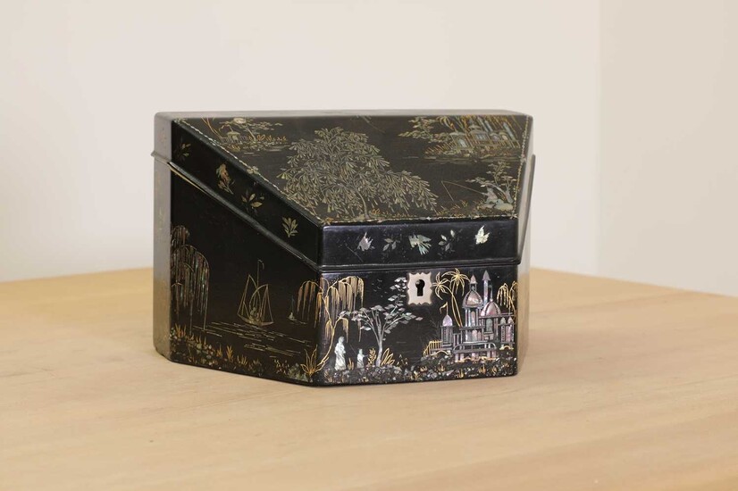 A black and gilt mother-of-pearl inlaid papier mâché stationery box