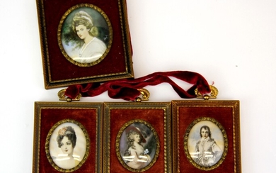 A group of four hand painted reproduction miniatures, largest 9.5 x 11cm.