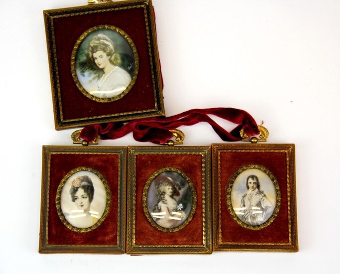 A group of four hand painted reproduction miniatures, largest 9.5 x 11cm.