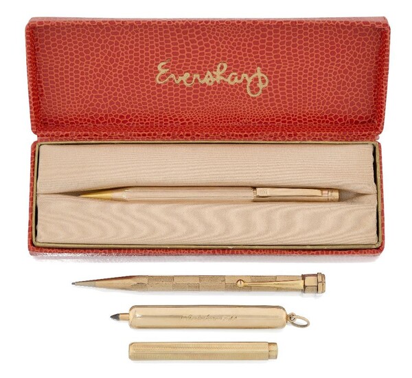 A group of pencils, including an early 20th century gold-cased pencil and three gilt pencils, one by Eversharp in maker's case (4) Please note that Roseberys do not guarantee working order of any pen or writing implement