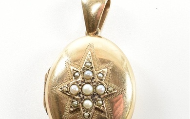 A hallmarked 9ct gold and pearl star locket necklace pendant...