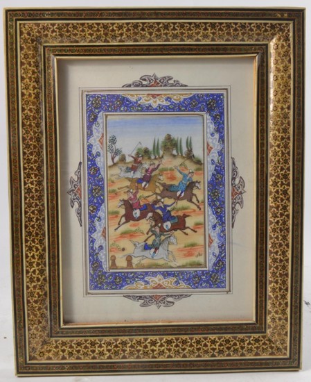 A hand painted Islamic sporting scene signed by artist. Fram...
