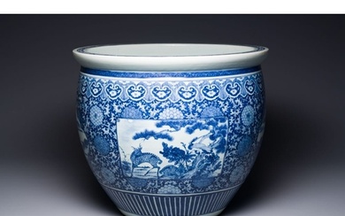 A large Chinese blue and white fish bowl, JIaqing Dia.: 55 c...