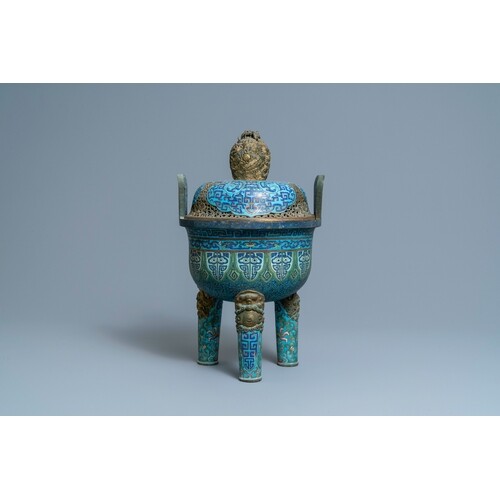 A large Chinese cloisonne tripod censer and cover, QianlongD...