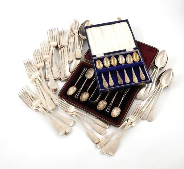 A mixed lot of silver flatware, various dates and makers, comprising: a set of ten Scottish William IV Fiddle pattern table forks, Edinburgh 1831, over-struck with maker~s mark of William Constable of Dundee, twelve Fiddle pattern dessert forks, a...