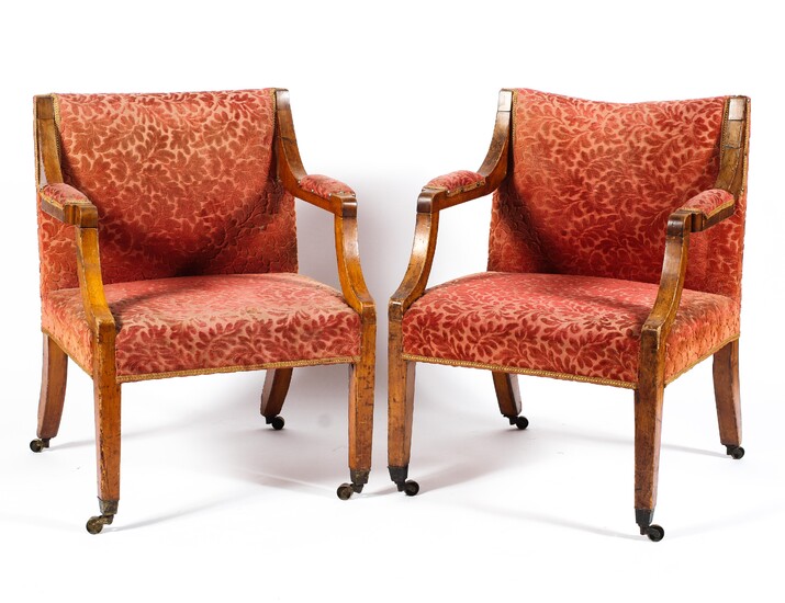 A pair of 19th century upholstered armchairs, each upholstered in pink foliate pattern fabric