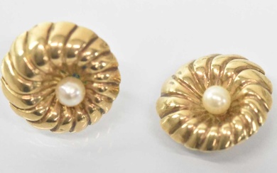 A pair of 9ct yellow gold pearl set earrings (one...