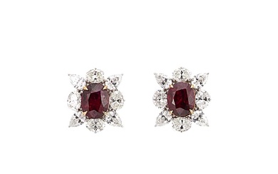 A pair of Burmese ruby and diamond cluster ear studs
