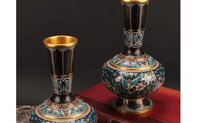 A pair of Chinese cloisonne enamel ovoid pedestal vases, bri...