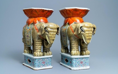 A pair of Chinese famille rose elephant shaped garden seats, 19/20th C.