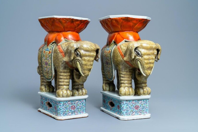 A pair of Chinese famille rose elephant shaped garden seats, 19/20th C.