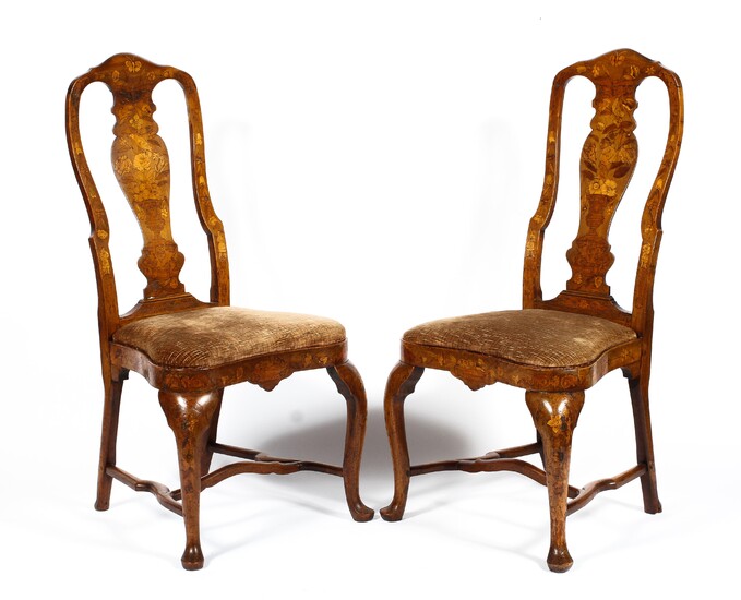A pair of Dutch marquetry walnut side chairs, late 18th/early 19th century