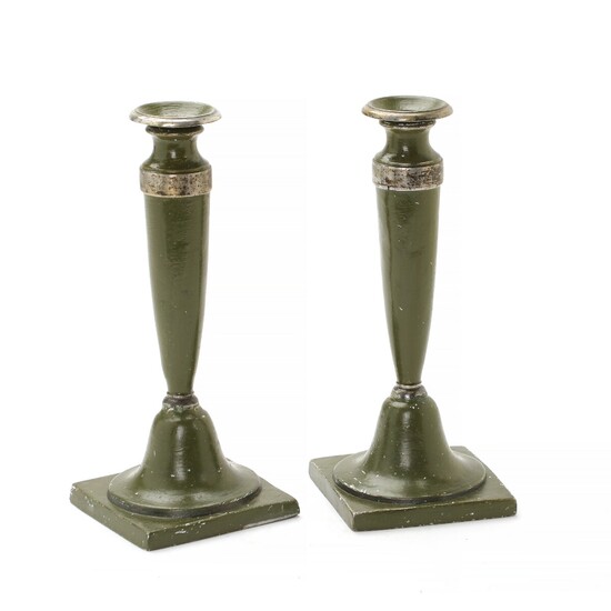 NOT SOLD. A pair of Northern GermanEmpire early 19th c. green-painted pewter candlesticks. H. 24...