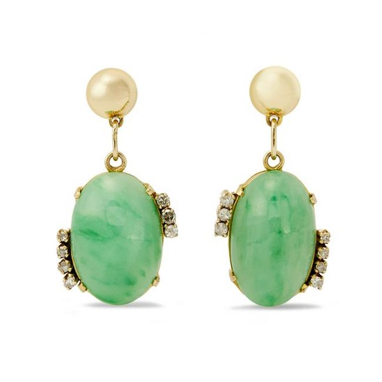 A pair of jadeite jade and diamond earrings.