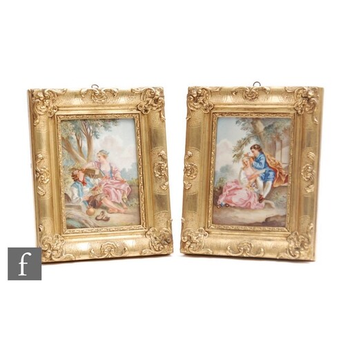 A pair of late 20th Century framed plaques each decorated wi...