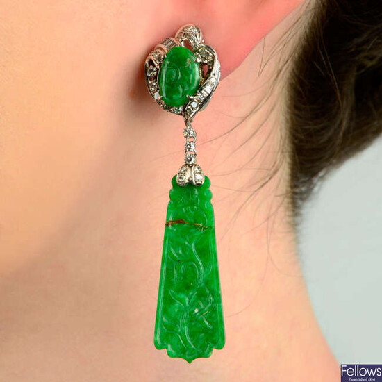 A pair of mid 20th century carved jade panel and vari-cut diamond earrings.