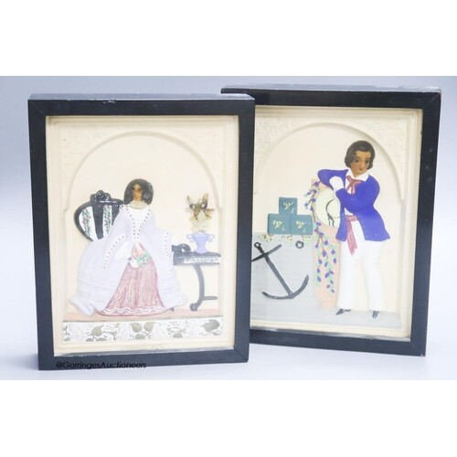 A pair of painted wax relief plaques, framed
