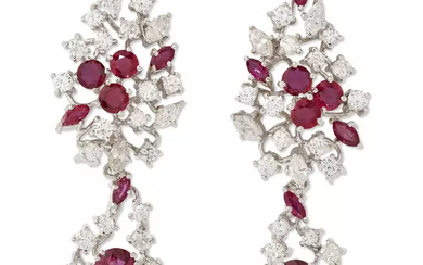 A pair of ruby and diamond cluster drop earrings, each...